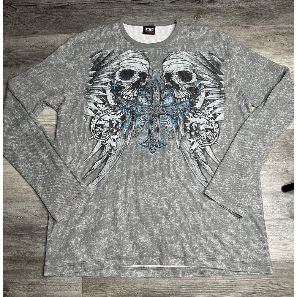 VTG MMA Elite Thermal Shirt Mens 2XL Grey Waffle Knit Skulls Cross Y2K